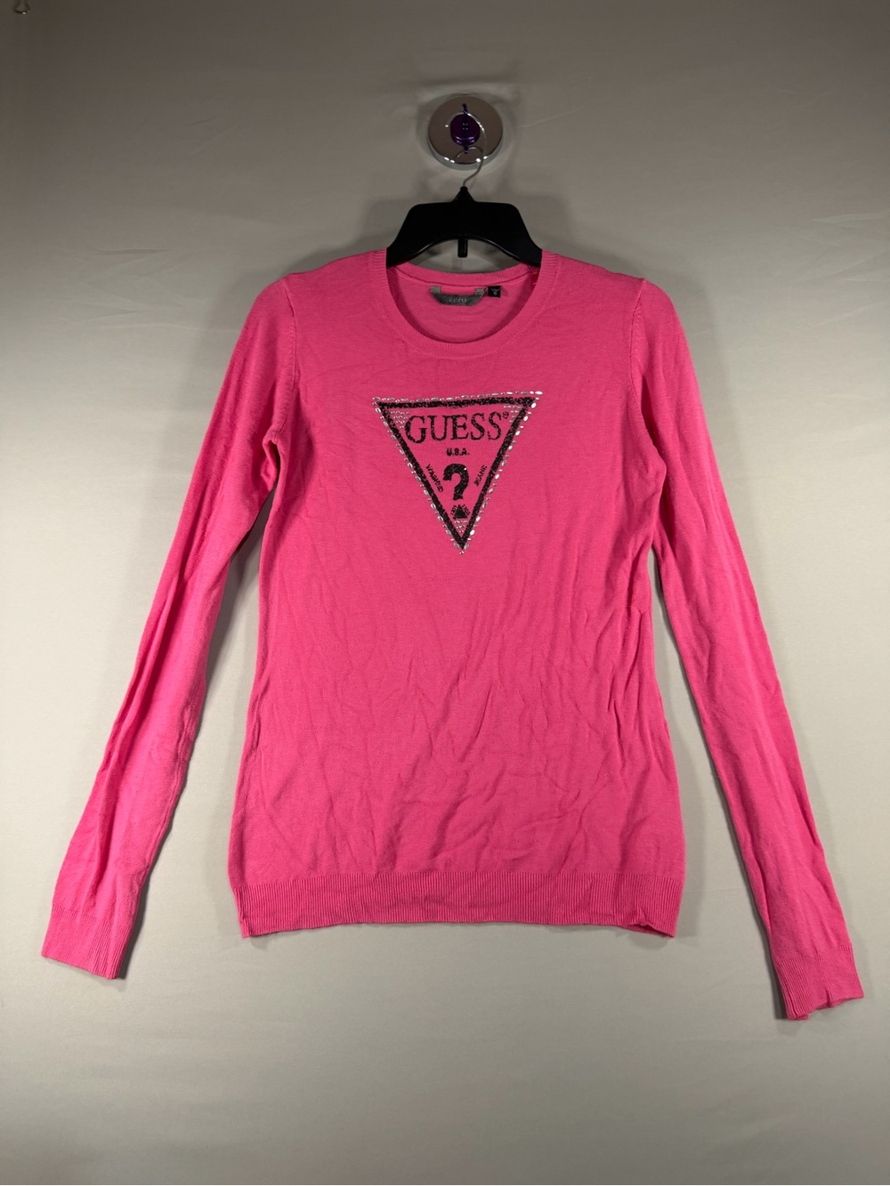 Guess Hot Pink Long-Sleeve Logo Knit Top